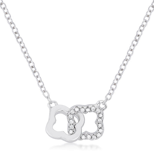 Dainty .21 Ct CZ Rhodium Plated Necklace with Floral Clover Links