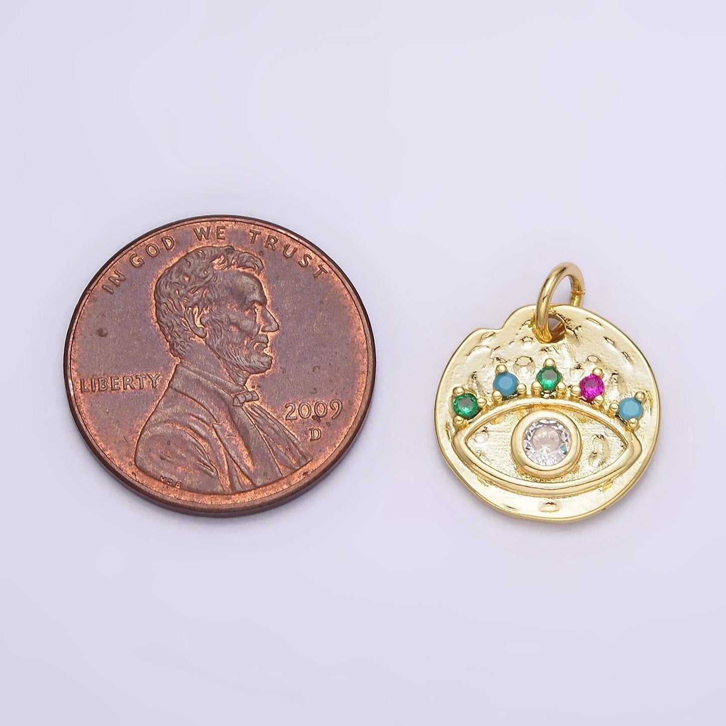 14K Gold Filled Clear Evil Eye Multicolor CZ Hammered Round Charm