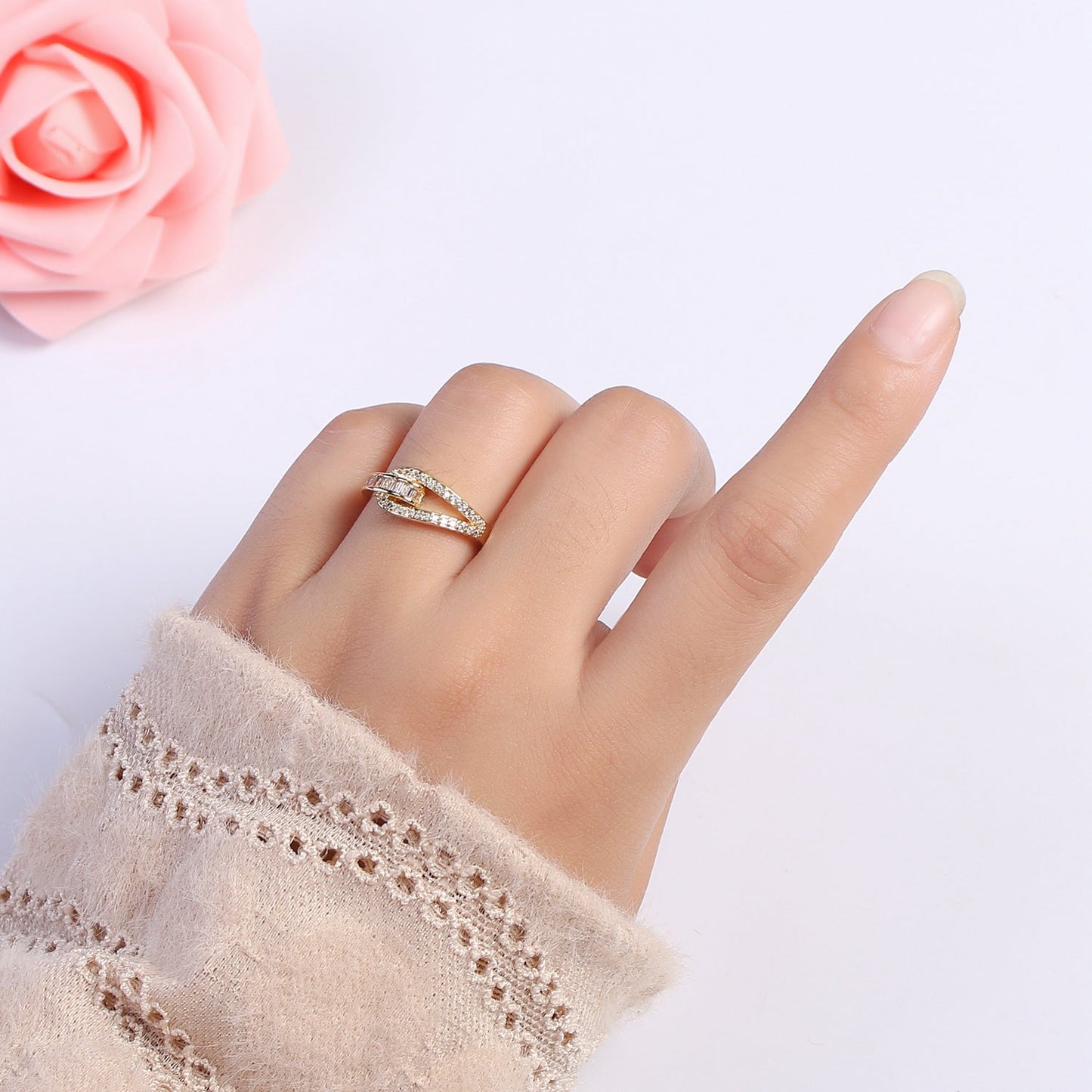 Beautiful 24K Gold Filled Clear CZ Micro Paved Baguette Knot Ring