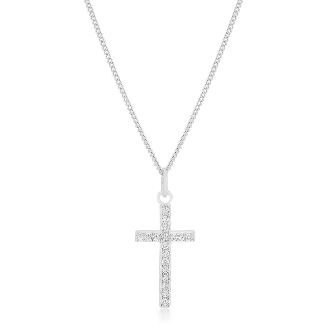 Simple Rhodium Plated CZ Cross Pendant Necklace