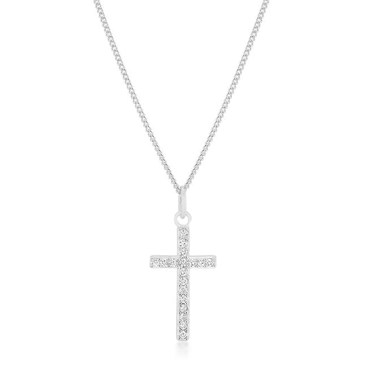 Simple Rhodium Plated CZ Cross Pendant Necklace