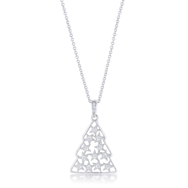 Sweet .2CT CZ Rhodium Christmas Tree Pave Holiday Pendant Necklace