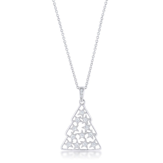 Sweet .2CT CZ Rhodium Christmas Tree Pave Holiday Pendant Necklace