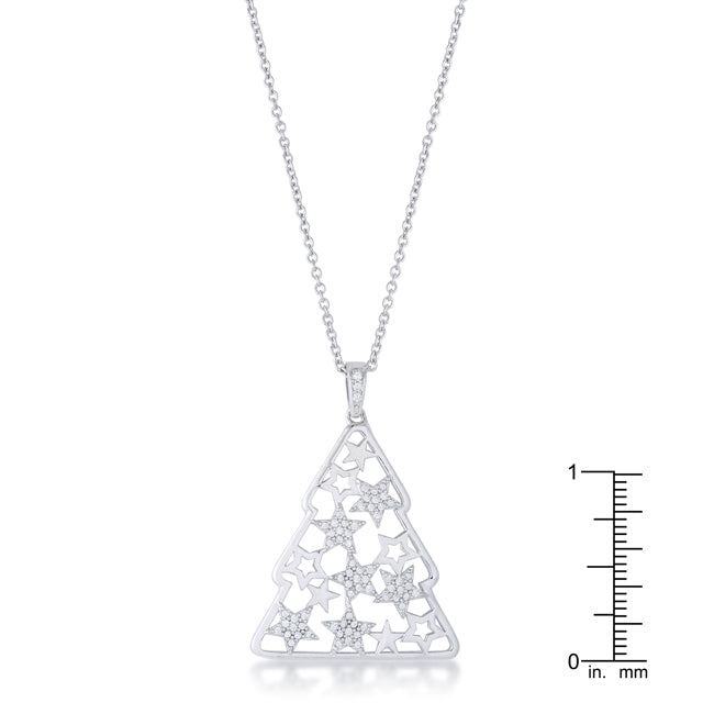 Festive .2CT CZ Rhodium Christmas Tree with Mixed Stars Pave Holiday Pendant Necklace