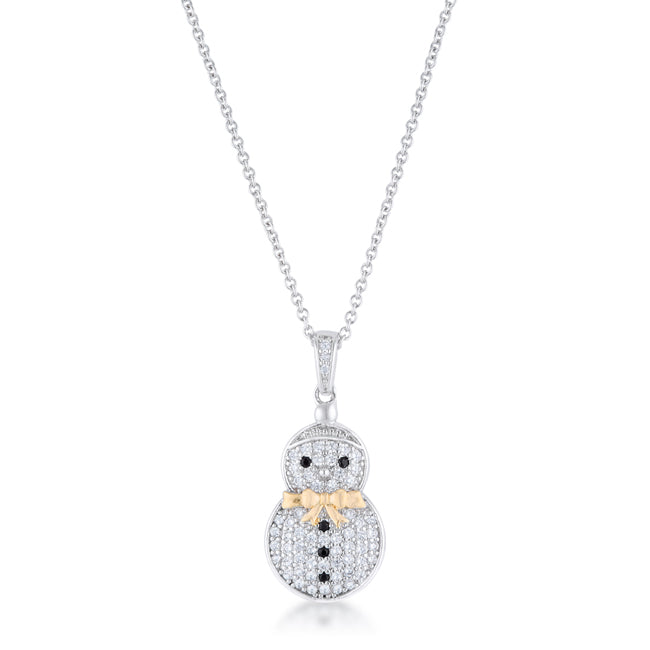 Sweet .35CT CZ Two-Tone Snowman Pave Holiday Pendant Necklace