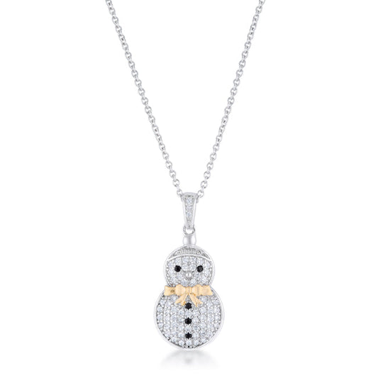 Sweet .35CT CZ Two-Tone Snowman Pave Holiday Pendant Necklace