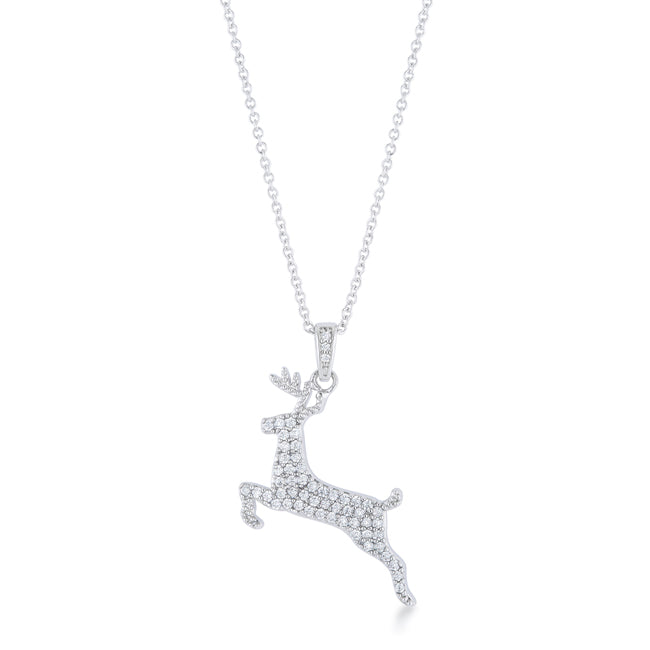 Sweet .35CT CZ Rhodium Reindeer Pave Holiday Pendant Necklace