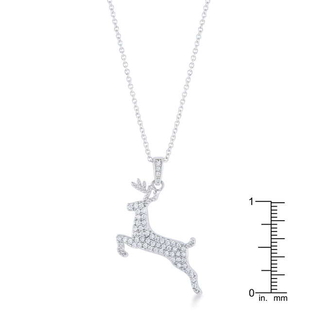 Sweet .35CT CZ Rhodium Reindeer Pave Holiday Pendant Necklace