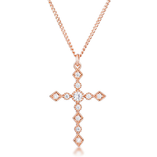 Dainty Art Deco Rose Gold Plated Clear CZ Cross Pendant Necklace