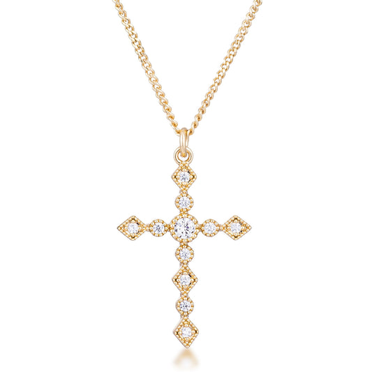 Dainty Art Deco Gold Plated Clear CZ Cross Pendant Necklace