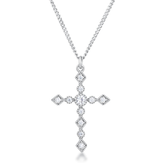 Dainty Art Deco Rhodium Plated Clear CZ Cross Pendant Necklace