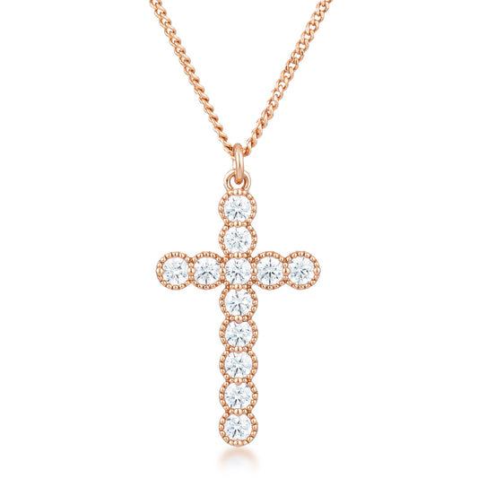 Micro Beaded Rose Gold Plated Clear CZ Cross Pendant Necklace