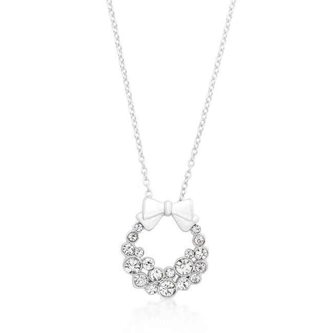 Elegant Holiday Wreath Clear Crystal Pendant Necklace