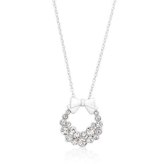 Elegant Holiday Wreath Clear Crystal Pendant Necklace