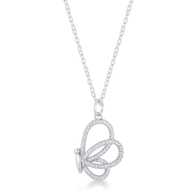 Whimsical Rhodium CZ Butterfly Pendant Necklace