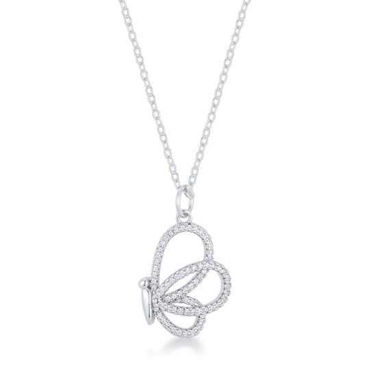 Whimsical Rhodium CZ Butterfly Pendant Necklace
