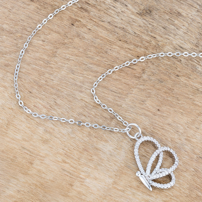 Whimsical Rhodium CZ Butterfly Pendant Necklace