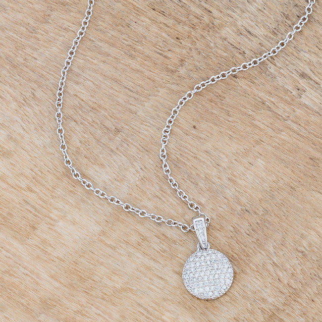 Rhodium Necklace with CZ Disk Pendant Necklace