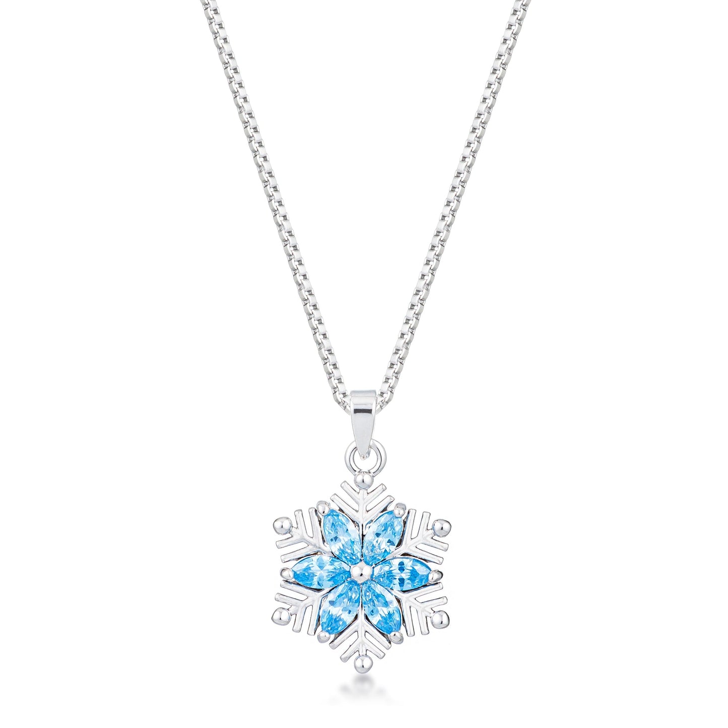 Rhodium Plated Brilliant Marquise Aqua Blue Snowflake Pendant Necklace