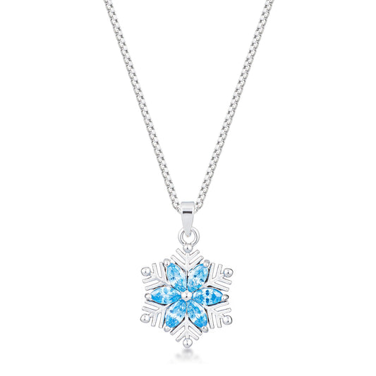 Rhodium Plated Brilliant Marquise Aqua Blue Snowflake Pendant Necklace