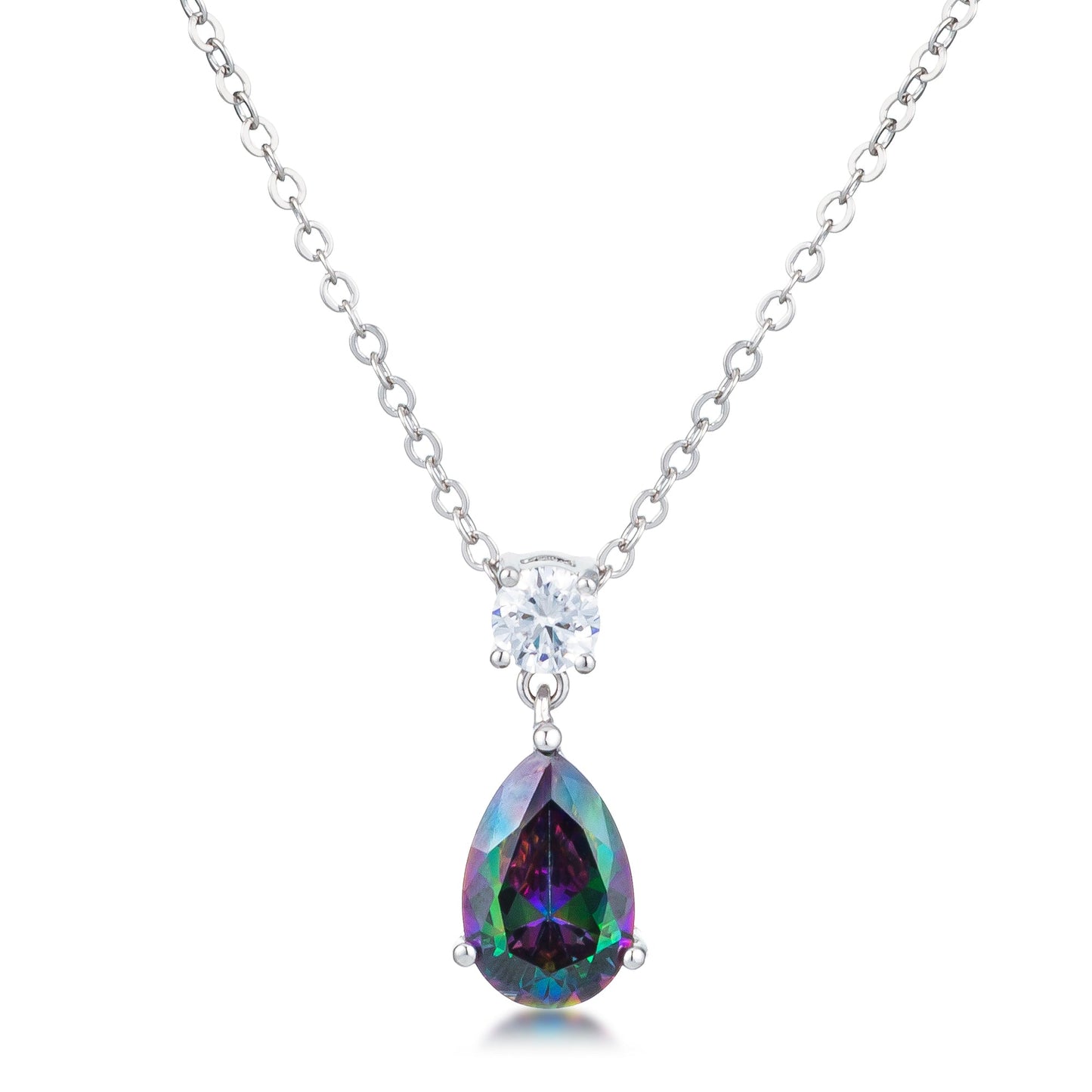 4.95CT Rhodium Mystic Iridescent Teardrop Pendant Necklace
