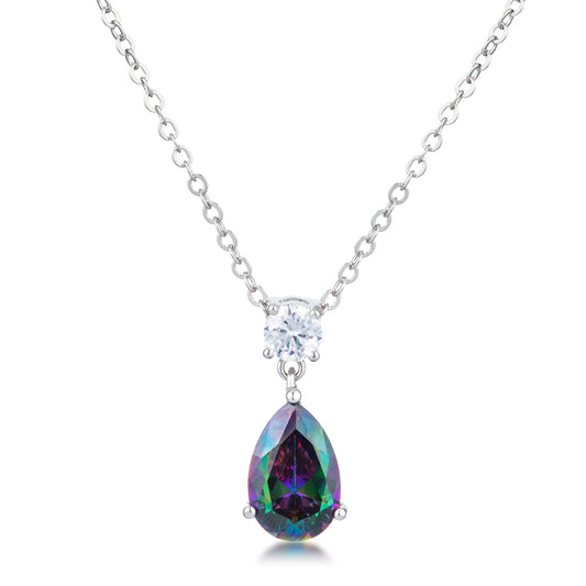 4.95CT Rhodium Mystic Iridescent Teardrop Pendant Necklace