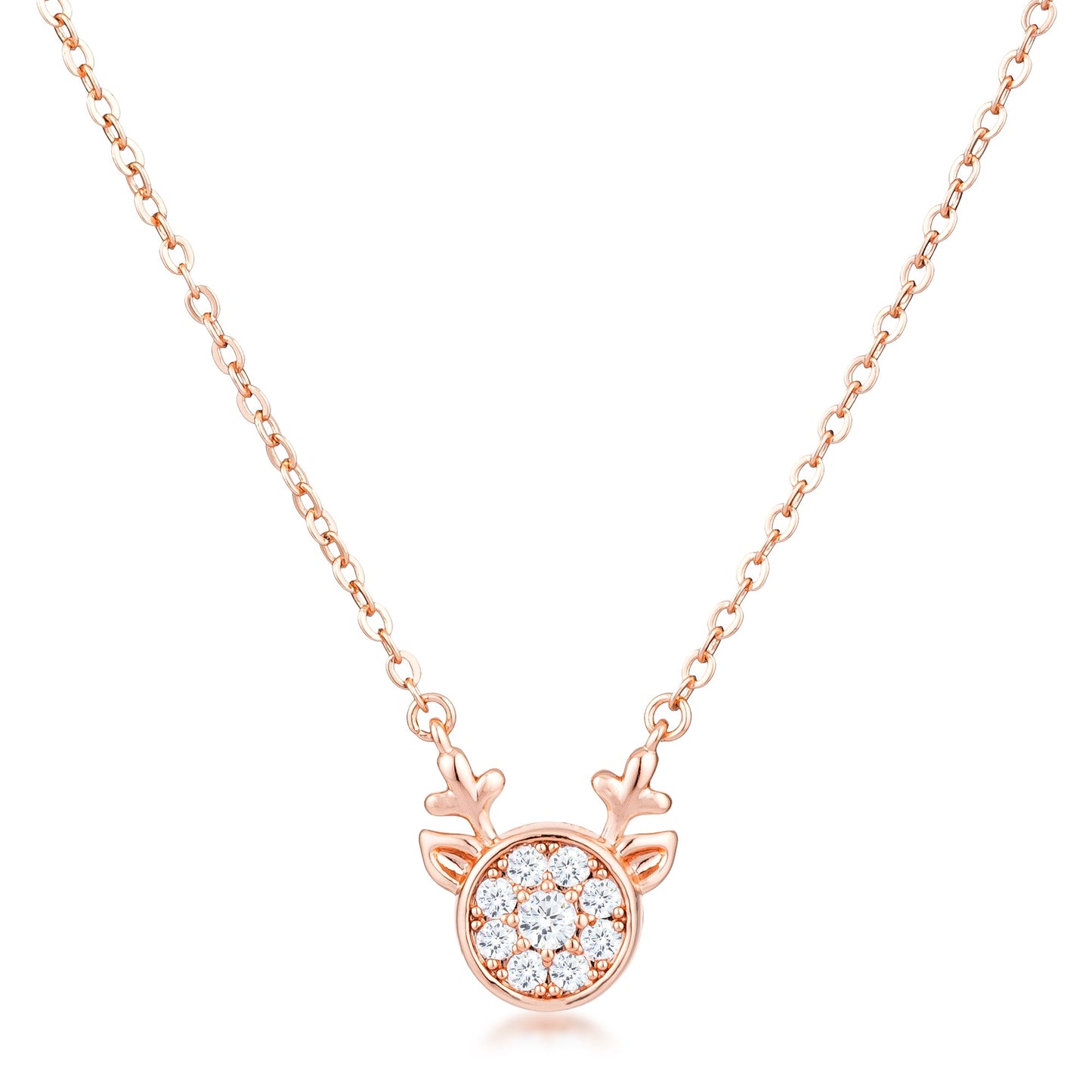 Rose Gold Plated Reversible Sapphire Blue CZ Reindeer Pendant Necklace