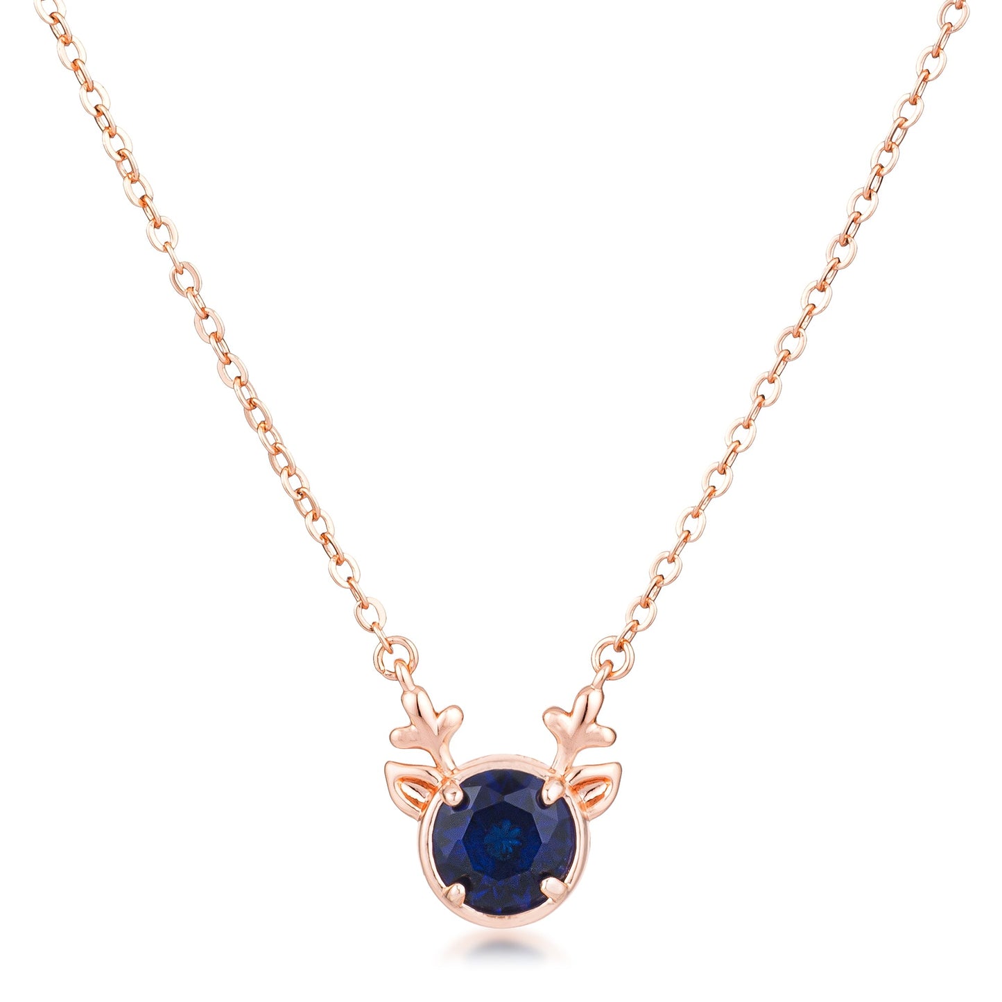 Rose Gold Plated Reversible Sapphire Blue CZ Reindeer Pendant Necklace