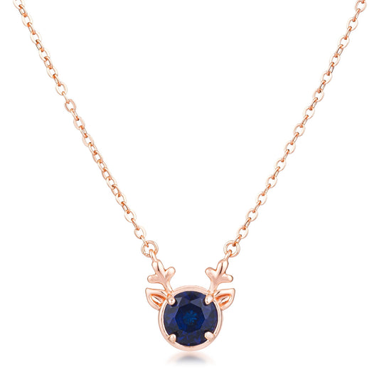 Rose Gold Plated Reversible Sapphire Blue CZ Reindeer Pendant Necklace