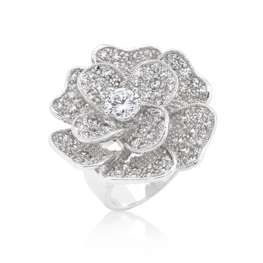 Large Flower Pave Cubic Zirconia Cocktail Ring