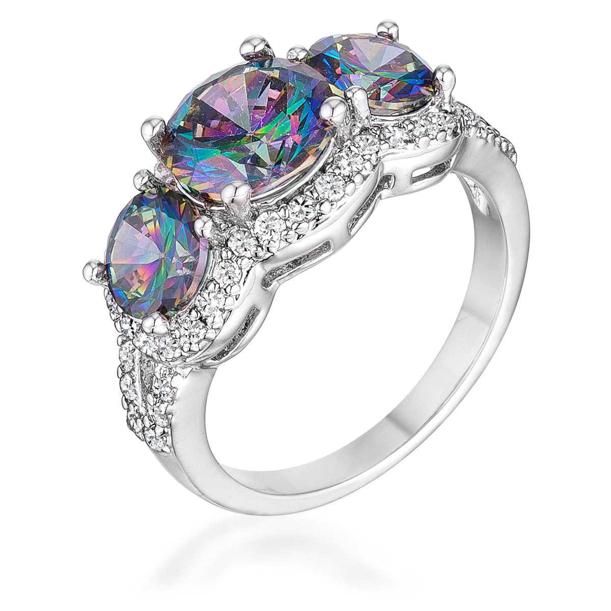 4 Ct Three Stone Rhodium Ring Mystic and Clear CZ
