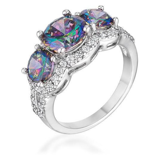 4 Ct Three Stone Rhodium Ring Mystic and Clear CZ