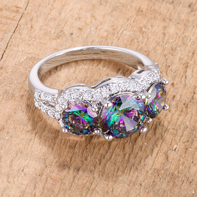 4 Ct Three Stone Rhodium Ring Mystic and Clear CZ