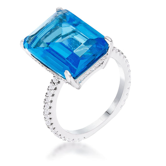 Elegant 15Ct Rhodium Plated Aqua Blue Emerald Cut Pave Ring