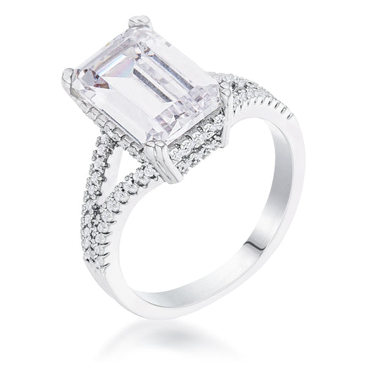 6.75CT Rhodium Plated Emerald Cut Wishbone Ring