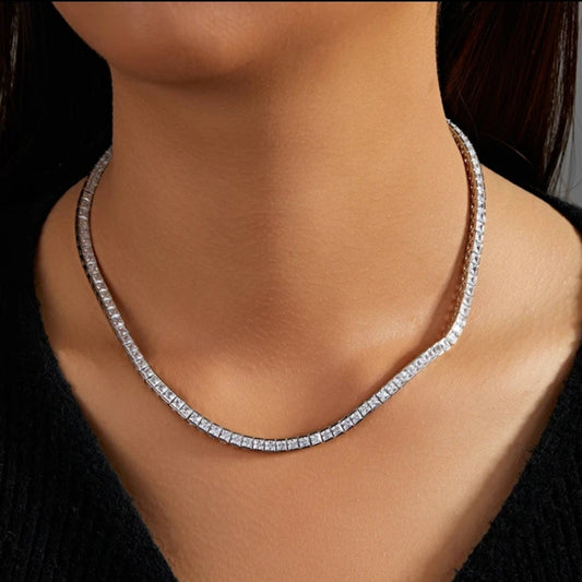 Exquisite Princess Cut Square Cubic Zirconia Sterling Silver CZ Tennis Necklace