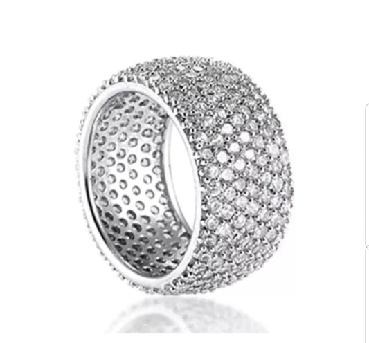Pave Cubic Zirconia Wide Sterling Silver Eternity Band Ring