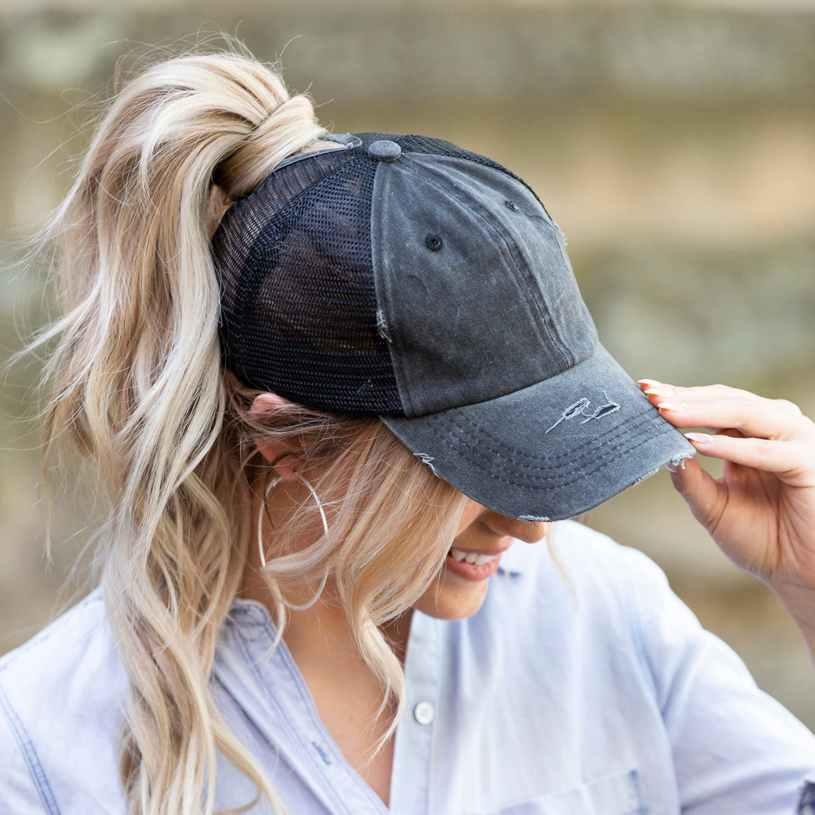 Distressed Messy Bun Ball Cap