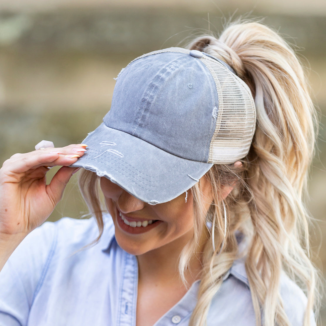 Distressed Messy Bun Ball Cap