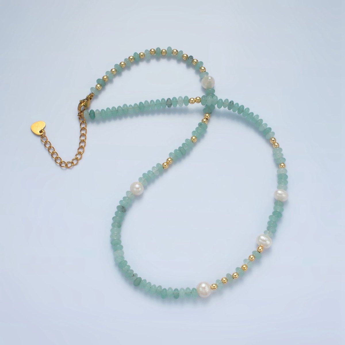 Handmade Green Amazonite Rondell Beaded Chain Necklace with Fresh Water Pearl 15.55 inch
