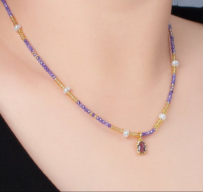 Handmade Purple Amethyst Beaded Gold Filled Chain Necklace with Freshwater Pearl 15.75 inch