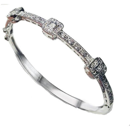 Hinged Sterling Silver Cubic Zirconia 3-Square Station Rhodium Bangle Bracelet