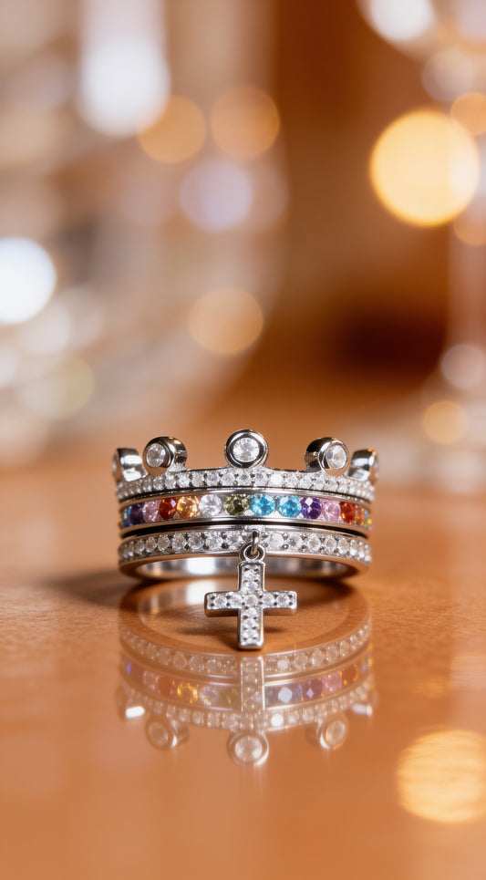 Christine 0.2ct CZ Rhodium Cross Dangle Charm Ring