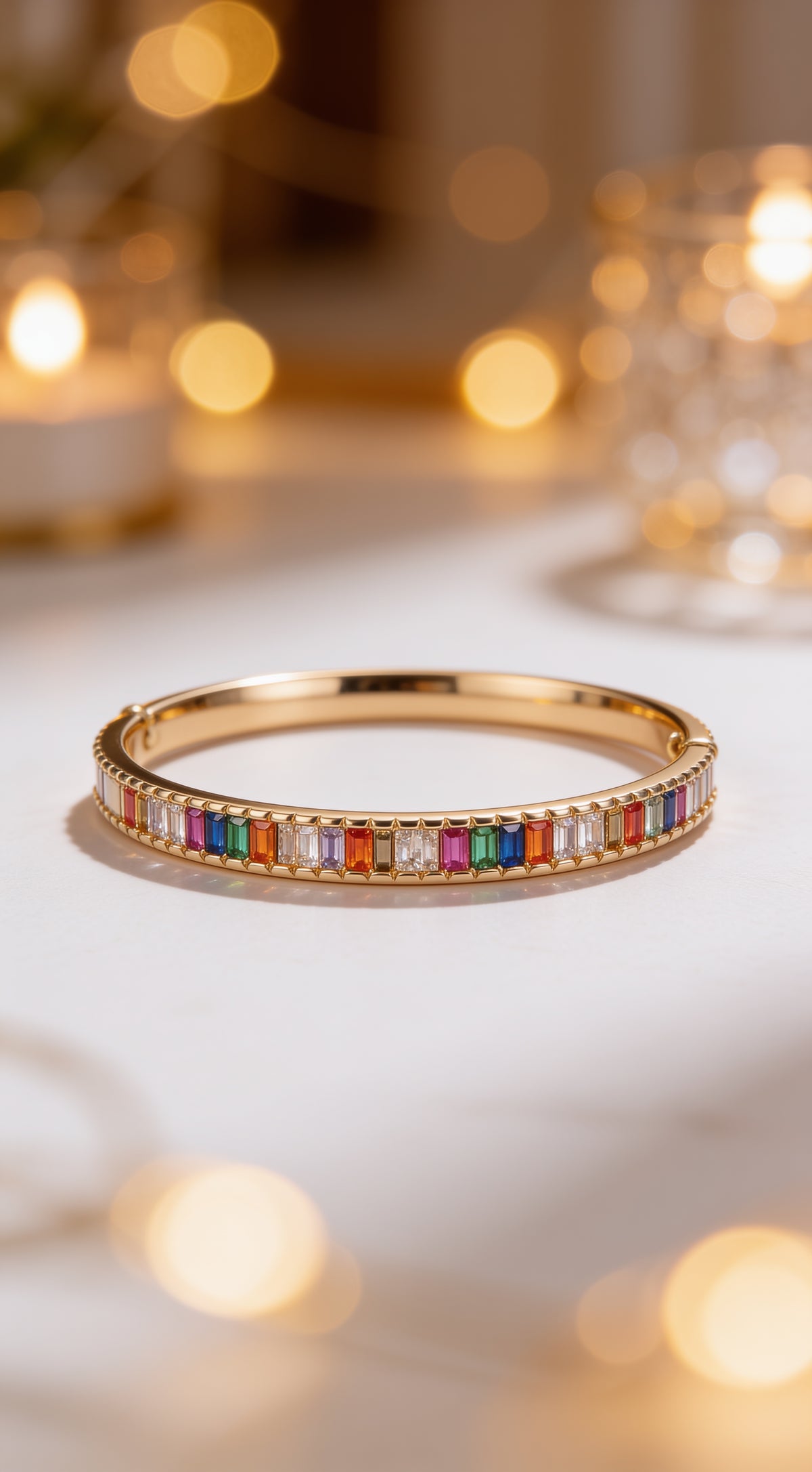Baguette Bangle Rainbow CZ Gem Stackable Gold Bracelet Chunky Gold Bracelet Luxury Stacking Bracelet