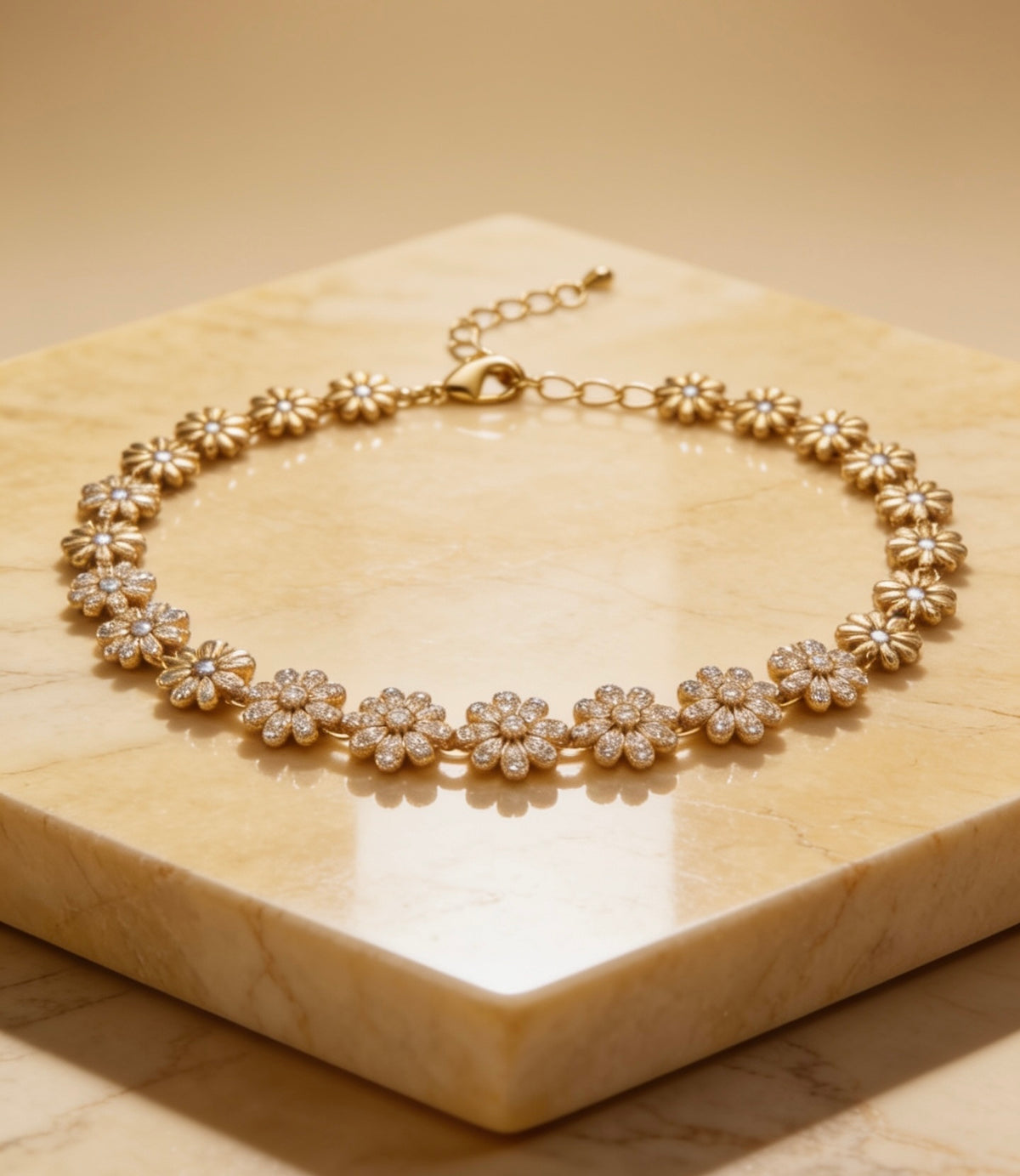 Micro Pave Daisy Flower Mother Nature Flower CZ Link Chain 16 Inch Choker Necklace