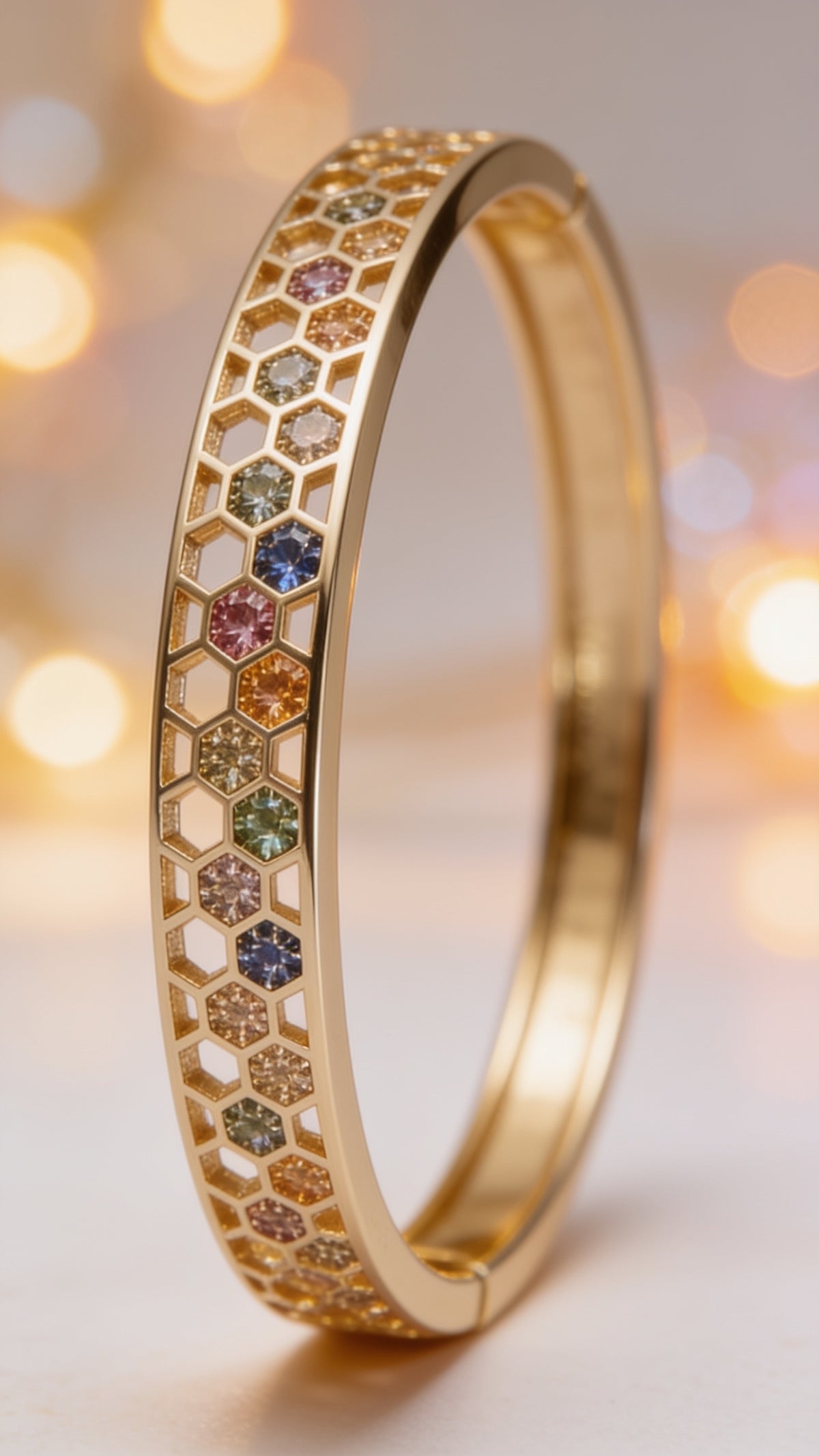 Gorgeous 24K Gold-Filled Multicolor CZ Micro Pave Open Hexagonal Lined Bangle Bracelet