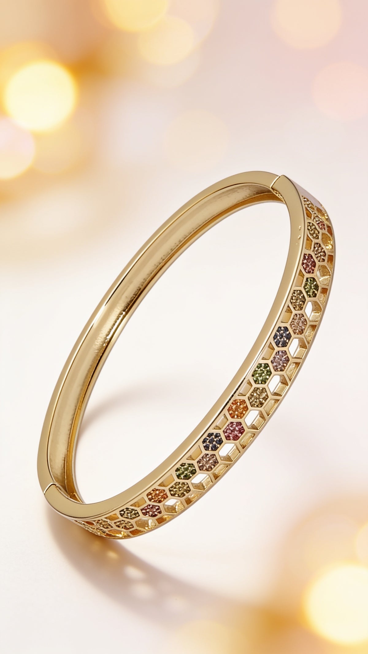 Gorgeous 24K Gold-Filled Multicolor CZ Micro Pave Open Hexagonal Lined Bangle Bracelet