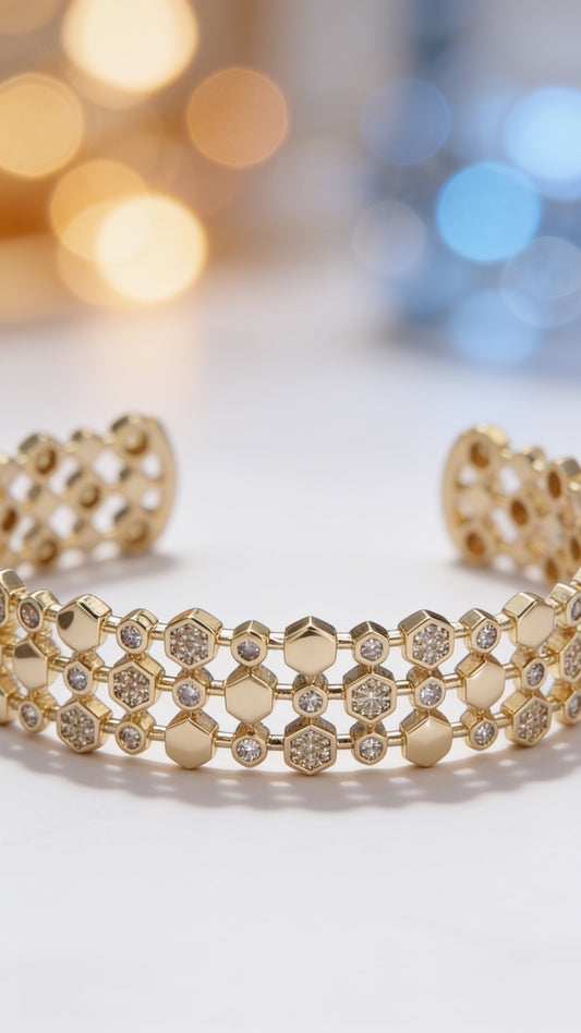 Gorgeous Gold-Filled Hexagonal Micro Paved CZ Triple Lined Cuff Bracelet in Gold