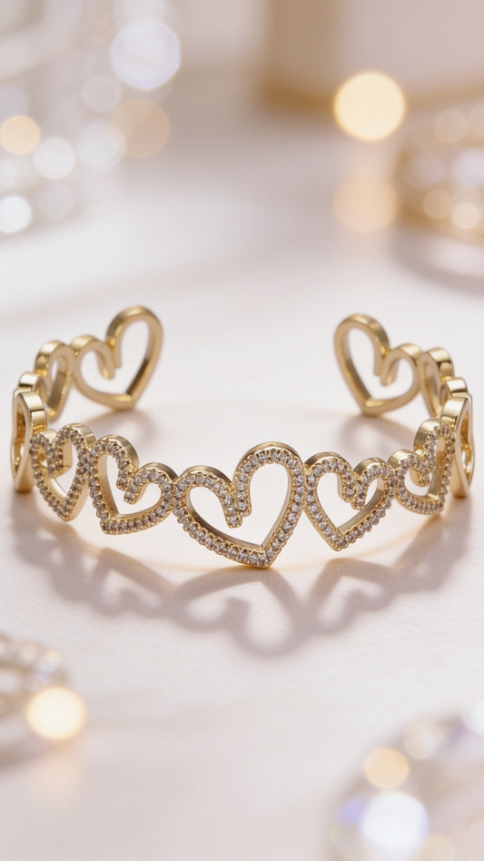 Gorgeous Gold-Filled Open Heart Micro Paved CZ Cuff Bangle Bracelet in Gold