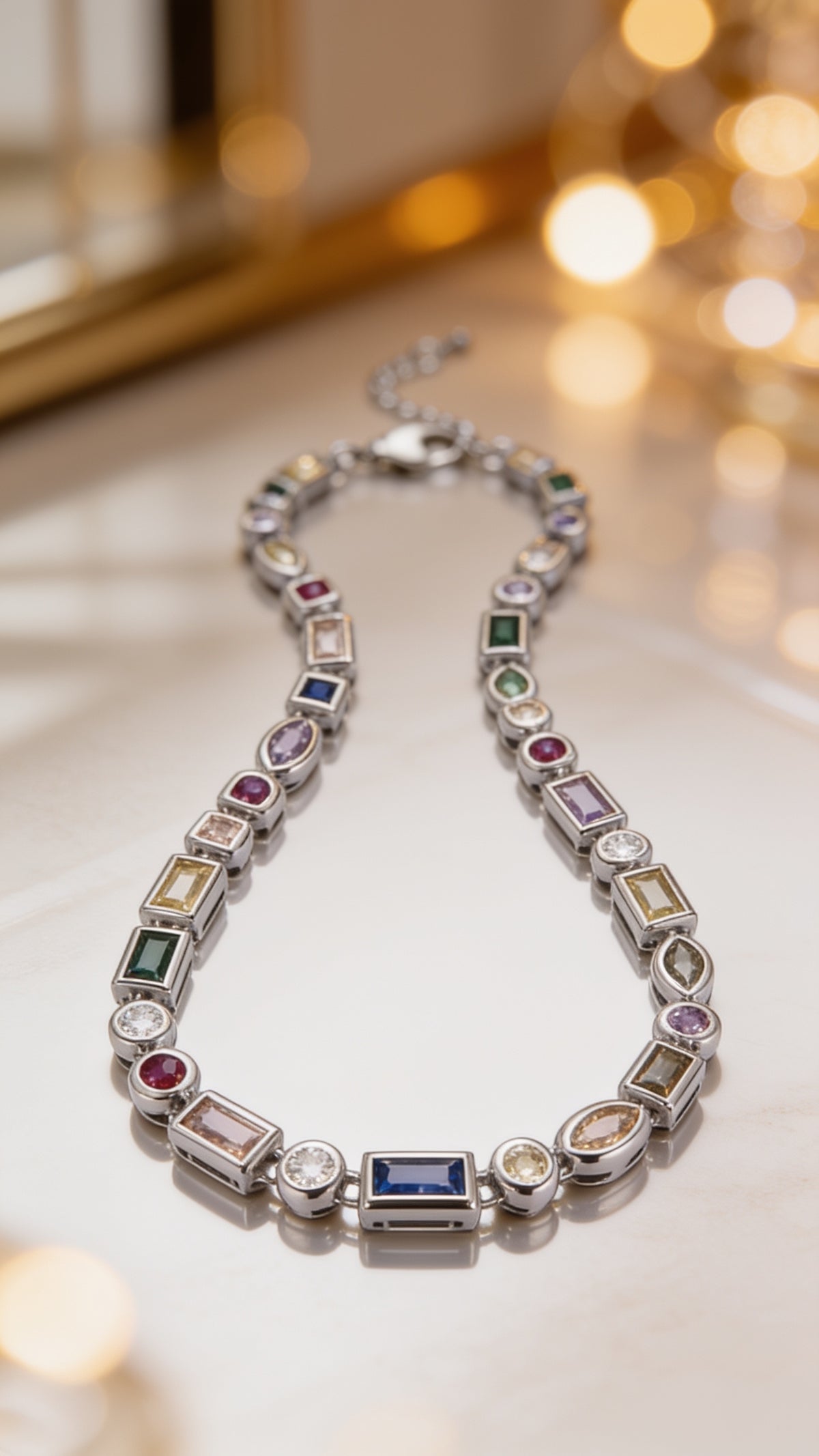 Beautiful 14K Gold-Filled CZ Multicolor Geometric 16 Inch Choker Designed Necklace in Silver
